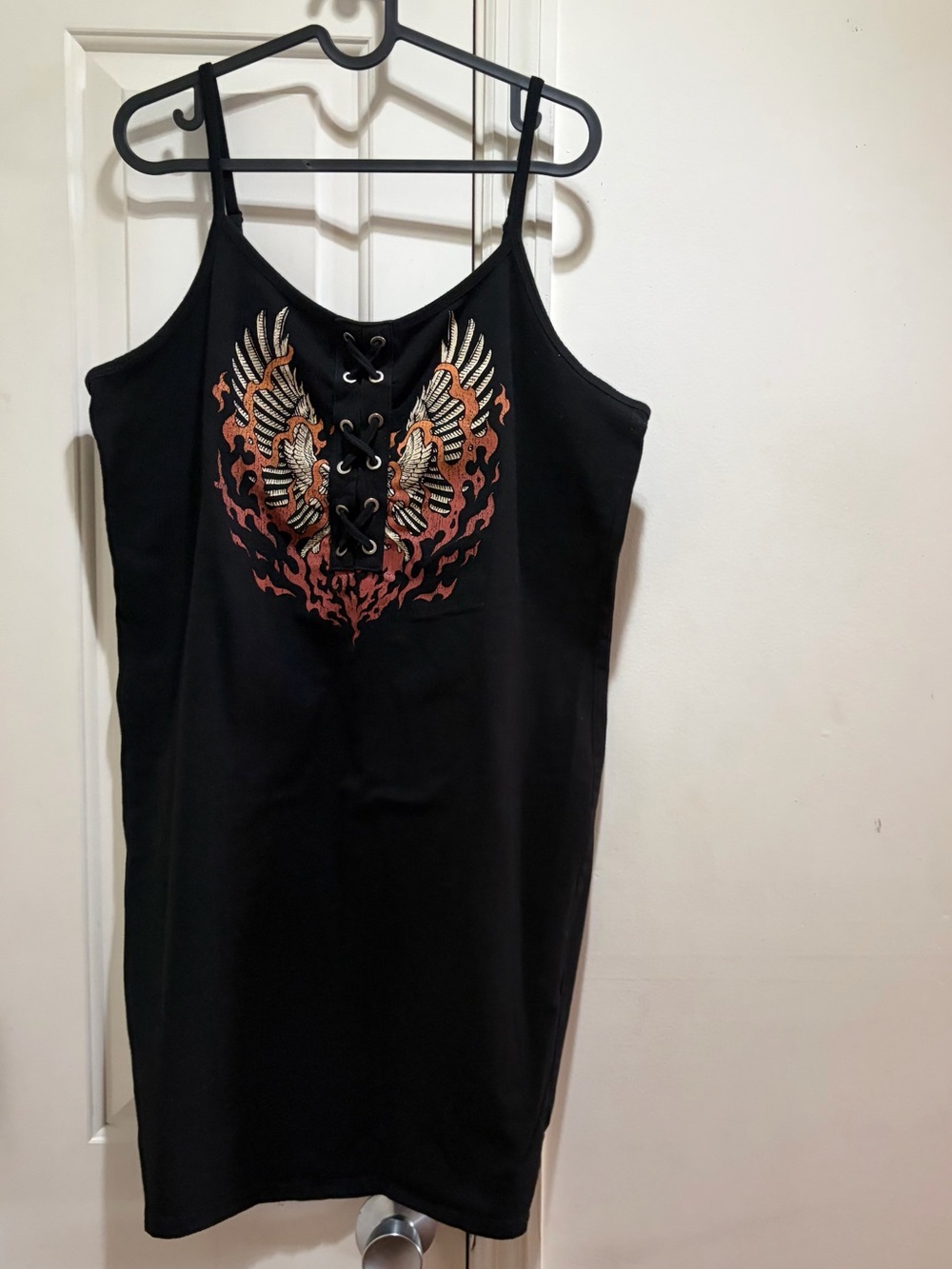 Torrid Black Spaghetti Strap Dress with Flame Wing Design size 2X